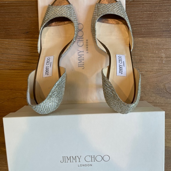 Sold : Jimmy Choo Logan Peep Toe Shimmer Metallic Champagne/Silver Heels (39 ) - Picture 7 of 15